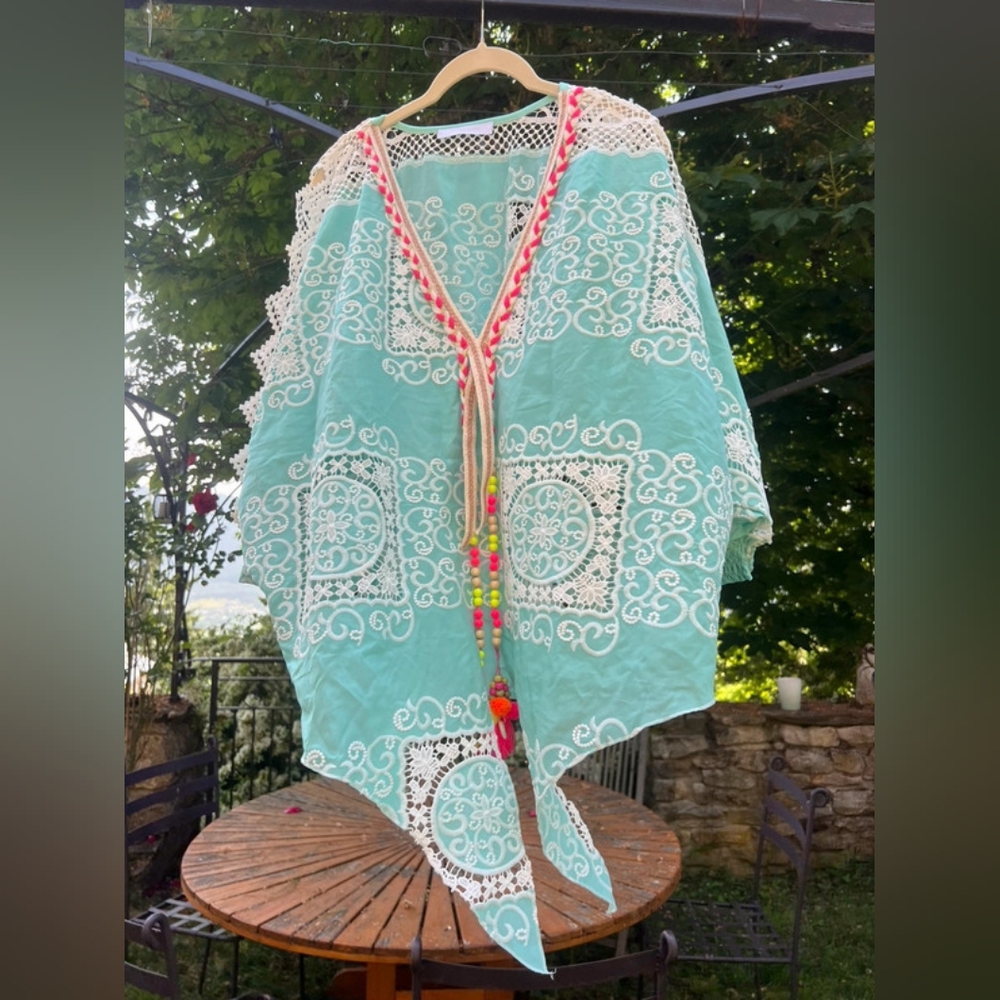 Turquoise Poncho with Lace and Bead Accents